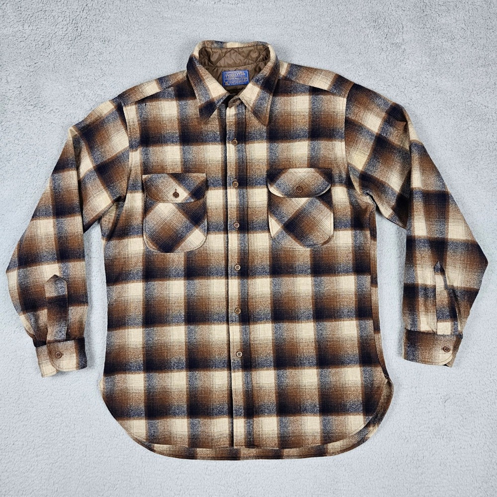 Vintage Pendleton Men Large Brown Plaid Wool Flannel Board Button Shirt USA Made